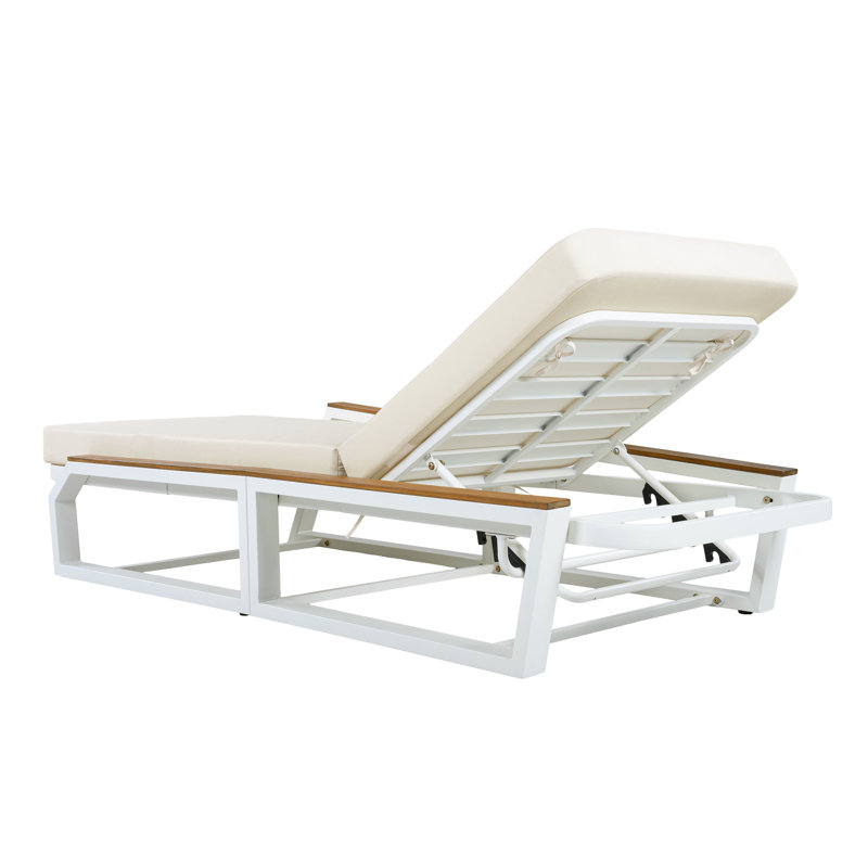 Orlenae Modern Coastal Outdoor Adjustable 5-Position Chaise Lounge with Cushion, Teak Wood Armrests & Iron Frame for Poolside, Patio