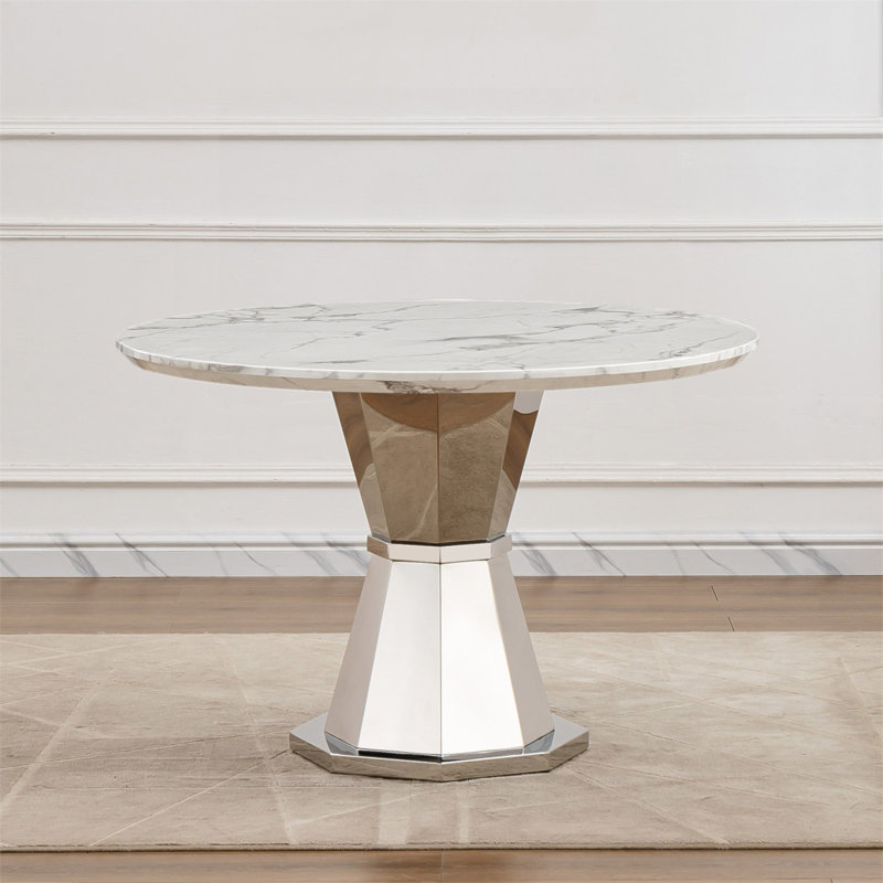 47" Round Marble Dining Table, Modern Kitchen Table with High Gloss Faux Marble Tabletop and Stainless Steel Base for Dining Room, Kitchen(only table)