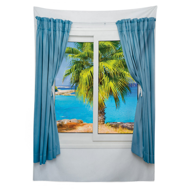Vue de la fenêtre avec un rideau, plage tropicale, soleil, rayons de soleil, horizon, océan, nappe, 90 po x 60 po