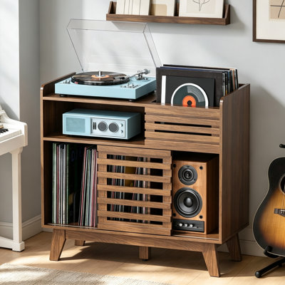 Grand support de tourne-disque avec station de charge et portes coulissantes, pouvant contenir 350 albums, armoire de rangement Mid-Century pour le salon