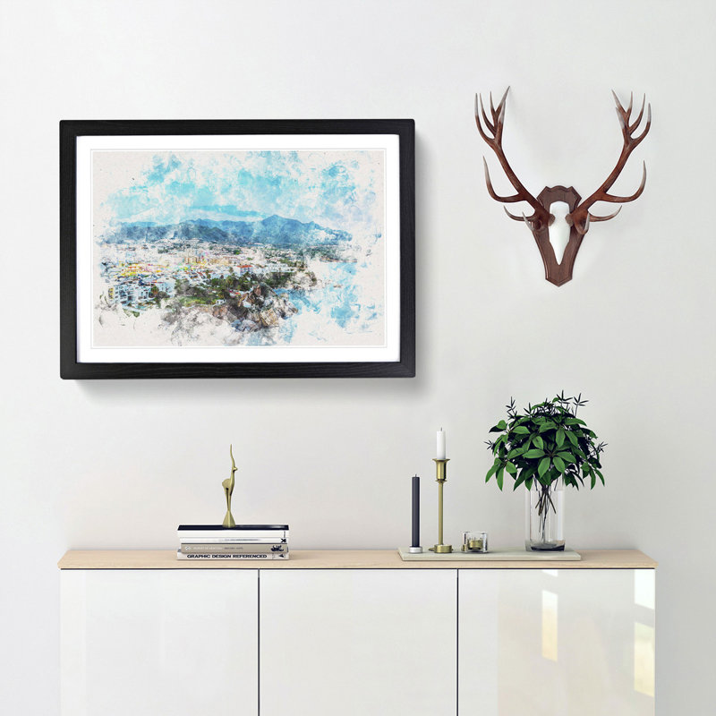 Skyline of Nerja in Spain - Picture Frame Painting Print on MDF, Black Framed, 45cm H x 63cm W x 2cm D