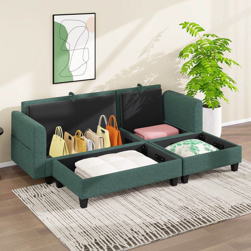 Canapé modulaire rembourré en L de 83 po avec amplement d'espace de rangement, lit convertible avec repose-pieds mobile et six coussins décoratifs en forme de L