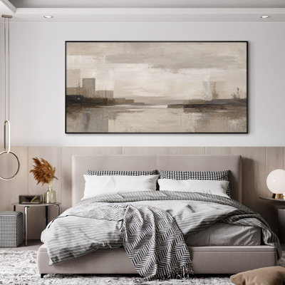 Très grand art mural imprimé sur toile - Misty Harbor, paysage minimaliste, décoration de salon beige