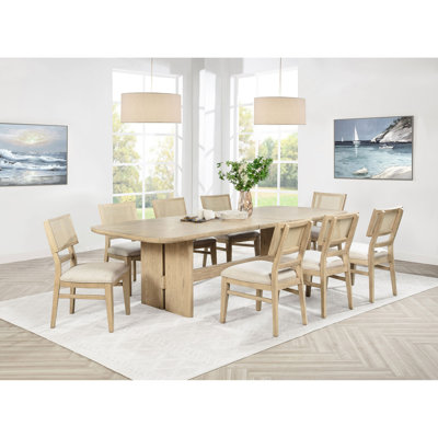 Ensemble de salle à manger rectangulaire neuf pièces, table avec rallonge de 45 cm, finition chêne beige, chaises à dossier en rotin, 8 places assises, table avec rallonge, dossiers de chaises en tissu, espace
