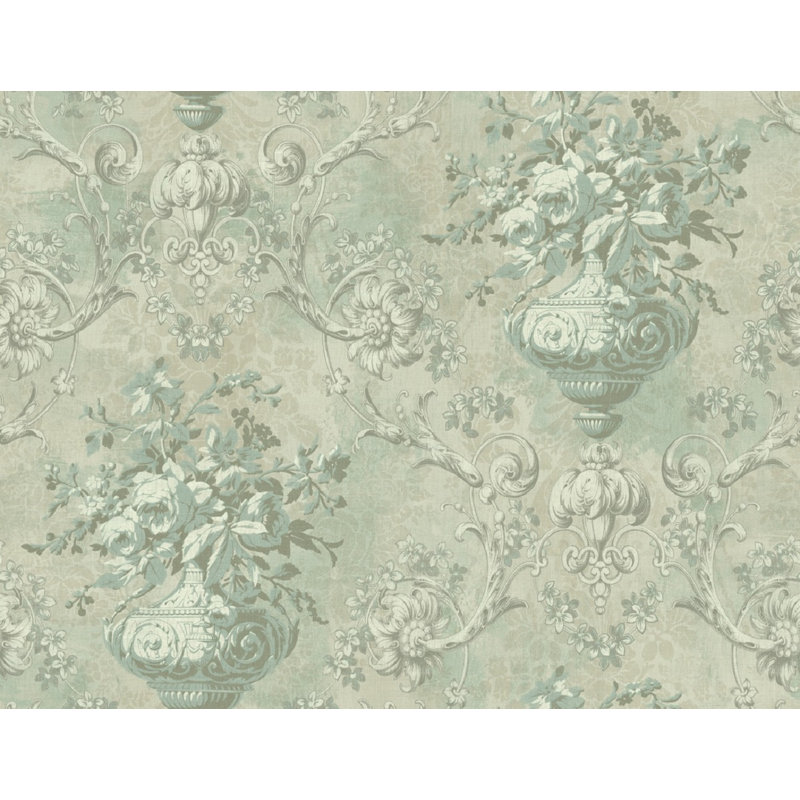 Rouleau de papier peint lisse l 27 pi x l 27 po floral damassé Ayden, Vert / ivoire