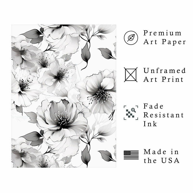 Floral noir et blanc, fleurs, reproduction d'art moderne sans cadre, H 36 po x l 24 po