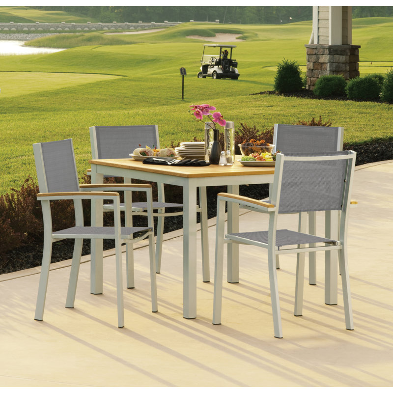 Travira Stacking Patio Arm Chair, Titanium Basketweave, Tekwood Natural, Flint
