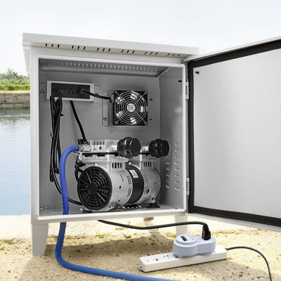 Pond Aerator Weatherproof Outdoor Cabinet, Housing for Pond Aerator with Cooling Fan & AC Power Outlet, 16.9 x 19.7 x 22.8 in, Water Garden Aeration Box, Fits Most Aeration Compressors