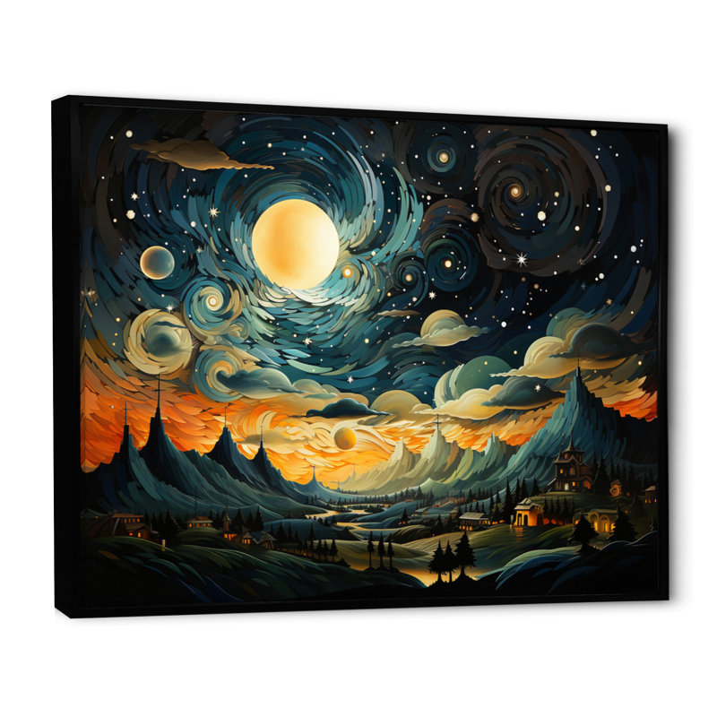 Collage symphonique céleste orange et bleu ciel II, H 16 po x l 32 po x P 1 po, Cadre flottant noir