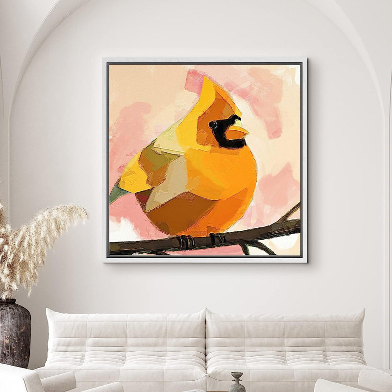 Oiseau orange, brun, pinson jaune encadré sur toile, H 16 po x l 16 po x P 1,5 po
