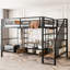 Lit mezzanine double en métal avec escalier, table et tablettes