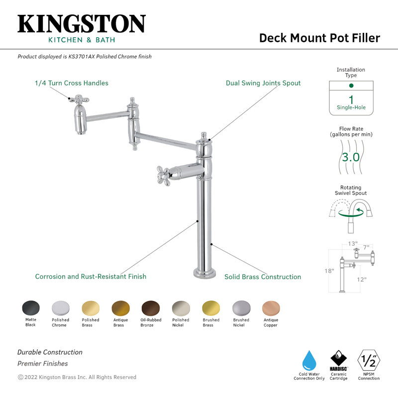 Robinet remplisseur à deux poignées à fixation sur plateau 1 trou Kingston Brass, Noir mat