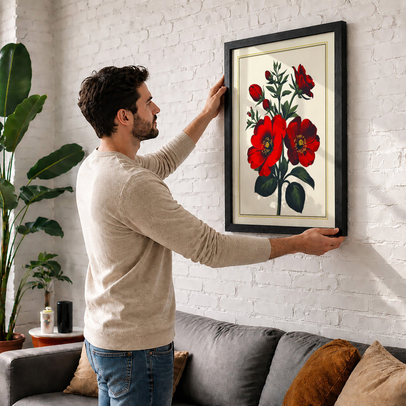 Crimson Anemones Botanical - Framed Print, Walnut, A3 - 42.0 x 29.7 cm