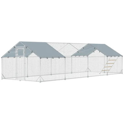 Grand poulailler en métal, poulailler extérieur 26 pi x 10 pi x 6,4 pi avec couvercle imperméable, porte d'alimentation, mangeoire suspendue et perchoir