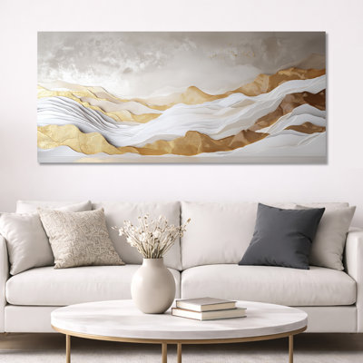 Couches dorées dorées dorées et montagneuses - impression abstraite sur toile encadrée, grand art mural serein