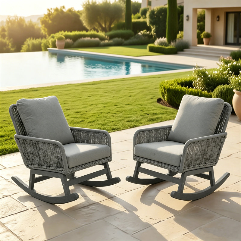Chaises berçantes d'extérieur 2 pièces en osier avec coussins 2 pièces, Gris, Gray