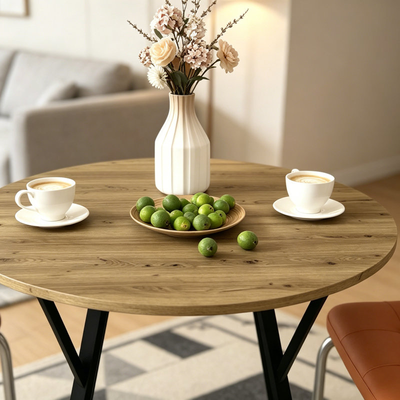 Table de salle à manger ronde 35,43 pouces, petite table de cuisine circulaire avec pieds en métal noir pour 2 à 4 personnes, table de salle à manger moderne, brun (table seulement)