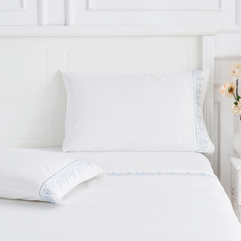 Cali 300 Thread Count Floral 100% Cotton Percale Sheet Set, California King Sheet Set with 2 Pillowcase, Blue