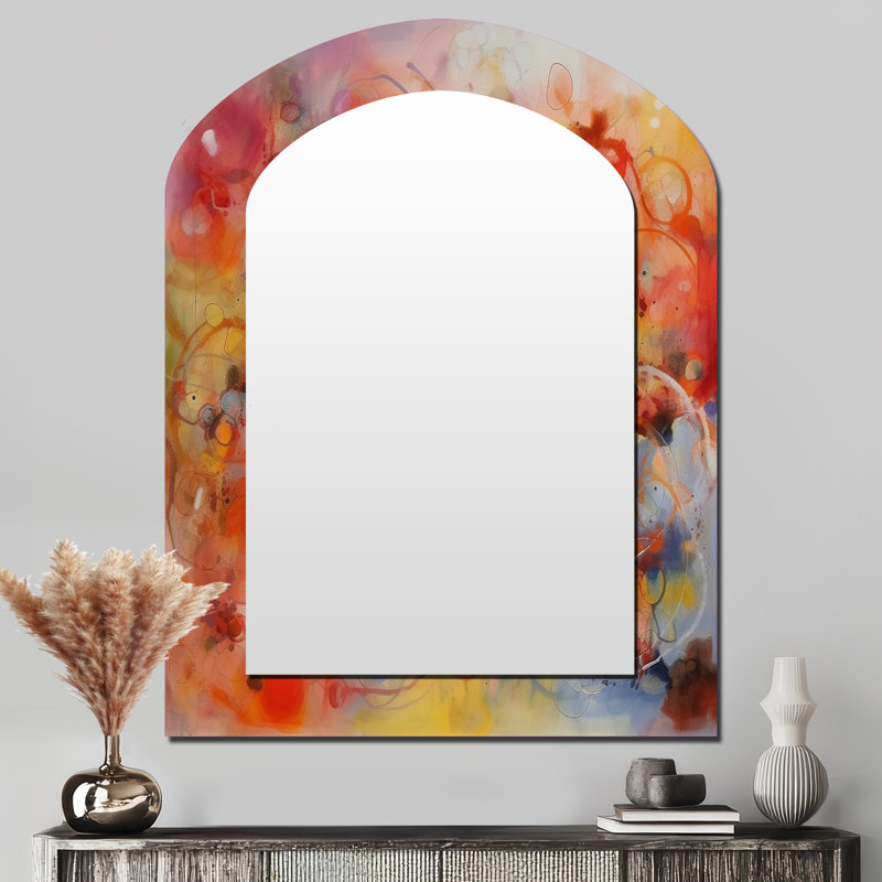 Orange Red Marbled Dreamscape II - Geometric Asymmetrical Decorative Wall Mirror, Modern Arch Mirror, Printed Metal Art