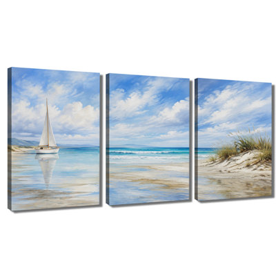 3 panneaux muraux, plage, voilier, bord de mer, paysage, impression sur toile tendue