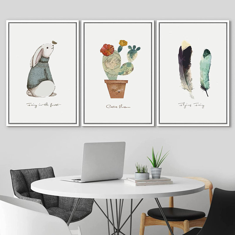 IDÉE4WALL, ensemble de reproductions d'art encadrées, lapin, cactus et plumes, trio, nature sauvage, illustrations, art moderne, rustique, pastel coloré pour le salon, la chambre à coucher, le bureau