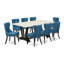 Ensemble de 9 pièces de coin-repas - 8 chaises de salle à manger Parson avec siège en tissu de lin bleu et dossier capitonné à boutons - Plateau de table rectangulaire blanc et pieds en bois - et finition noire brossée -388223266-388223267