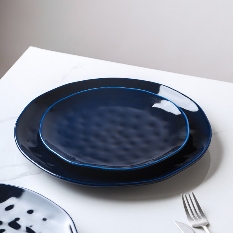 Navy Blue Porcelain 24-Piece Dinnerware Set with Textured Accent