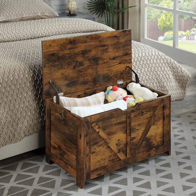 Banc de rangement rustique brun avec intérieur spacieux et poignée en forme de U, organisateur de coffre à jouets polyvalent et solution d'assise pour plusieurs pièces, assemblage facile et fabrication durable