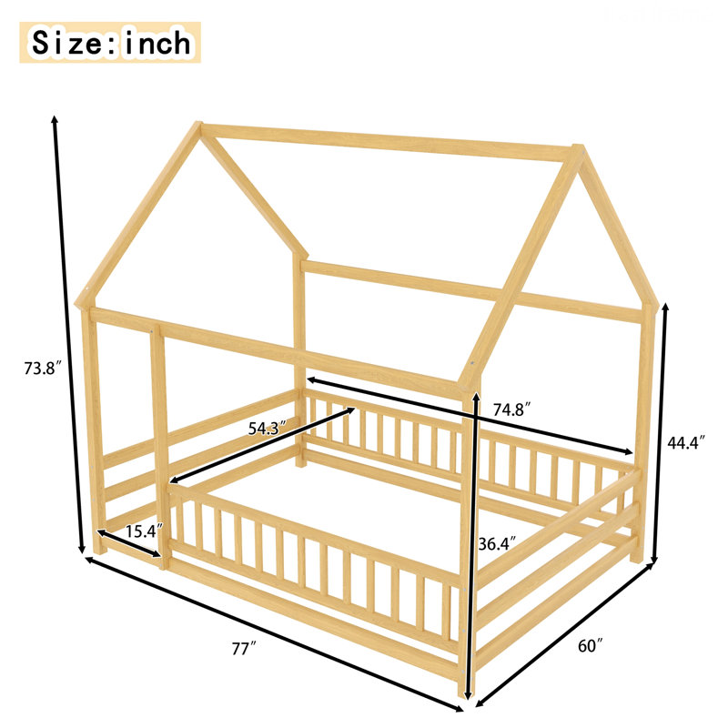 Cadre de lit de chambre à coucher, lit plateforme, lit en bois avec garde-corps de clôture, Full / Double, Natural