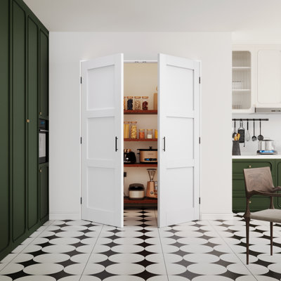 Porte intérieure à 3 panneaux à âme pleine, portes françaises doubles en MDF certifiées CARB P2, cadre et quincaillerie noir mat inclus (loquets à bille, charnières et poignées), préfinie et imperméable, pour garde-manger, chambre, salle de bain et placard, teinture facile à appliquer soi-même, 142 cm x 203 cm