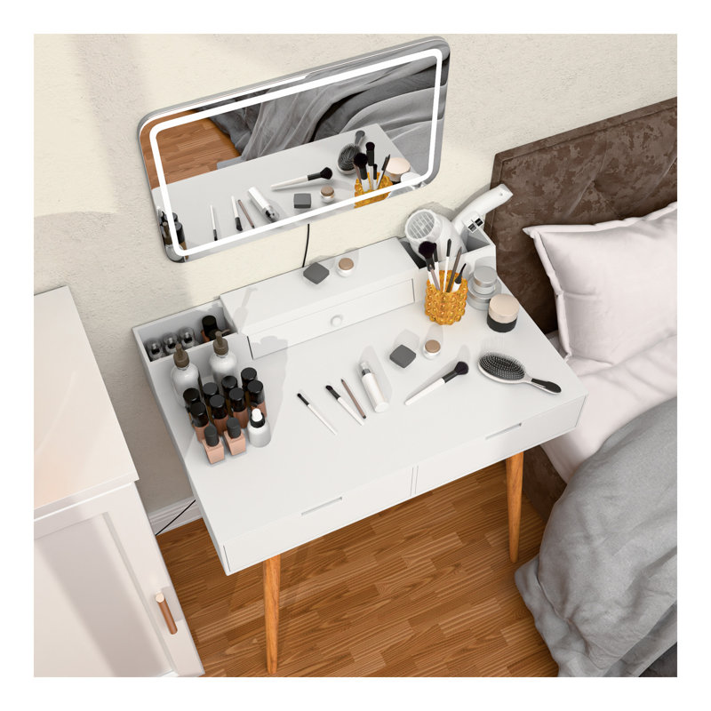 Makeup Vanity Desk With Removable Mirror And Lights, 3 Color Modes & Adjustable Brightness Dressing Table, Small Vanity Table Set With 2 Drawers For Bedroom, White 31.5"