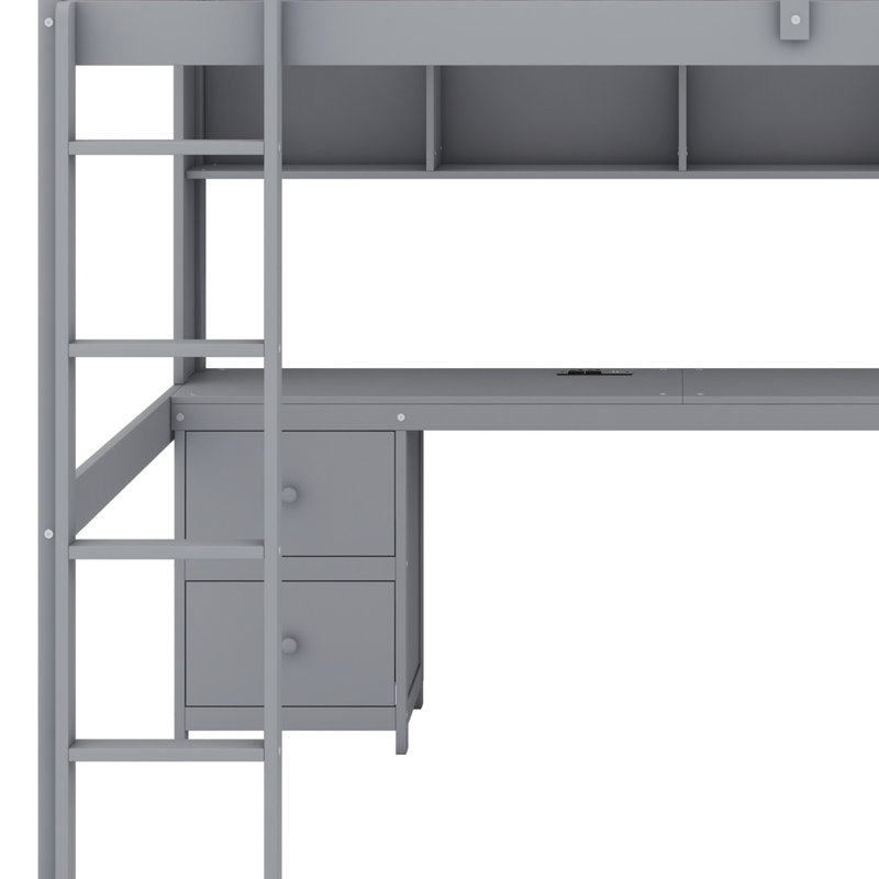Loft Bed With Desk, Cabinets, Drawers And Bedside Tray, Charging Station, Gray