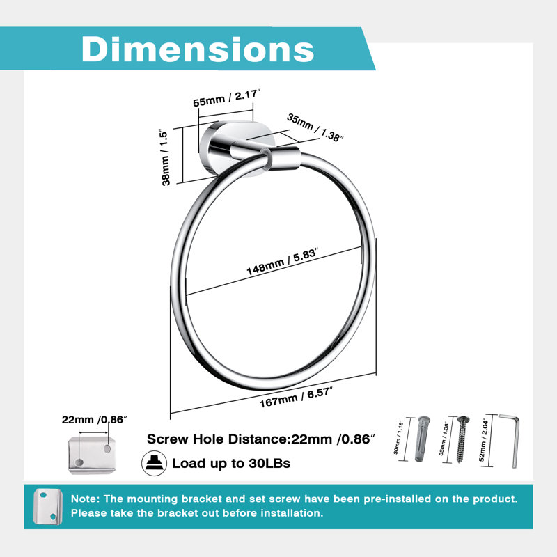 Wall Mounted Towel Ring, Bathroom Hand Towel Holder, Polished Chrome, 1