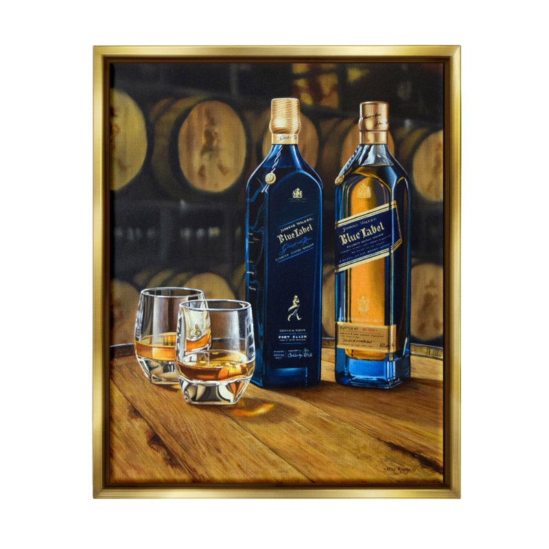 Verre à whisky nature morte, H 14 po x l 11 po x P 1,5 po, Estampe numérique encadrée blanc bord de mer