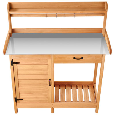 Table de rempotage, poste de travail de jardinage extérieur 3 en 1 avec plateau en fer galvanisé de 44 po x 19 po, poste de travail de jardin avec tiroir, armoire de rangement et tablettes, crochets pour patio, cour arrière