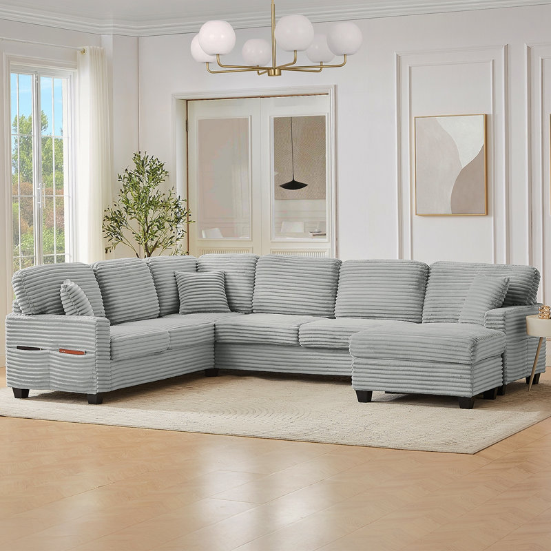 Canapé modulaire en forme de U Canapé modulaire rembourré en L de 125,2 po avec repose-pieds mobile et poches de rangement latérales pour le salon, gris
