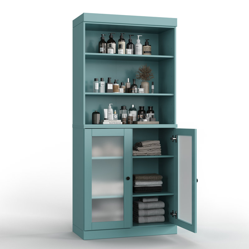 Armoire de salle de bain 100% bois massif 32 po avec portes en verre givré et tablettes réglables, Aqua