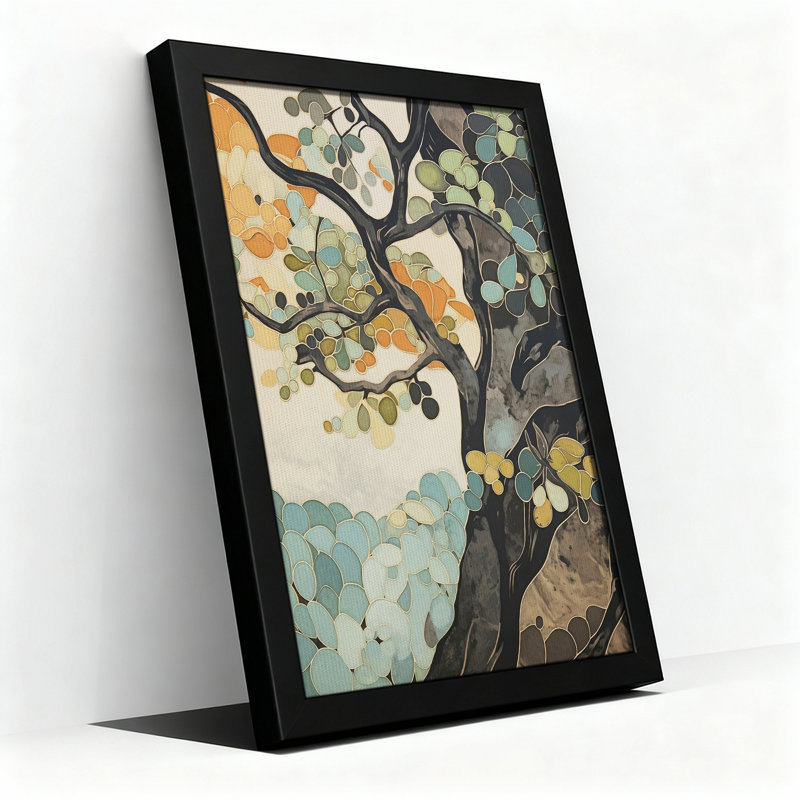 Tableau abstrait sur toile représentant un arbre aux feuilles turquoise et orange, 18"H x 12"W