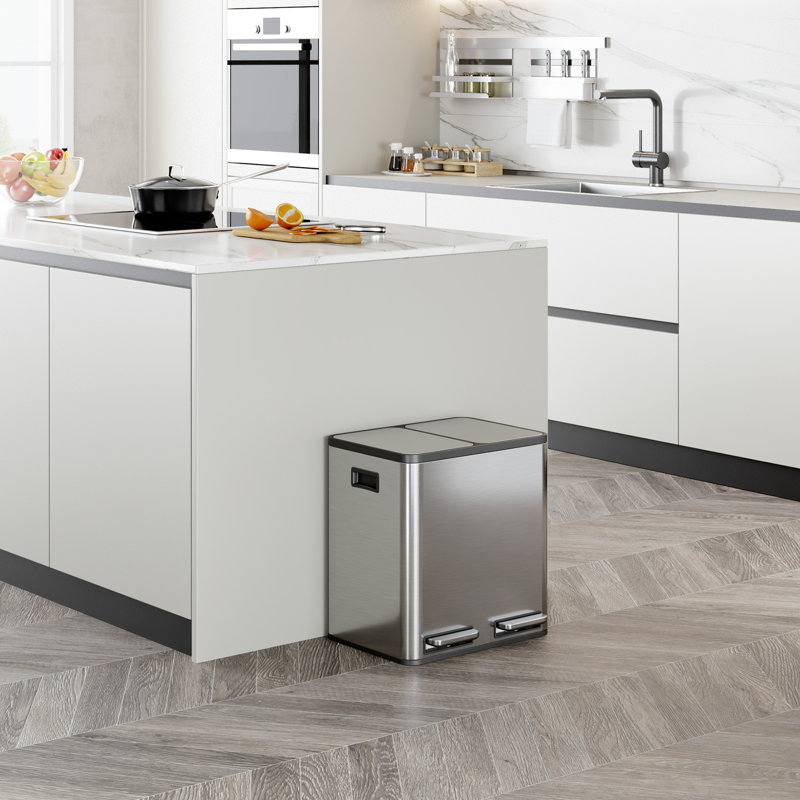 Stainless Steel 30 Litre Step On Multi-Compartments Trash & Recycling Bin, Stainless Steel