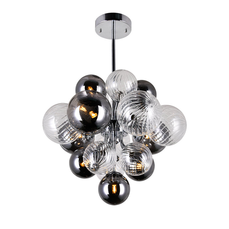 8 Light 16-inch Diameter Modern Chrome Chandelier with Tinted Glass Globes – Stylish LED Pendant Lighting Fixture