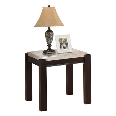 Contemporary Style Side Table With Dark Cherry Wood And Marble Top Genuine Living Room Finish