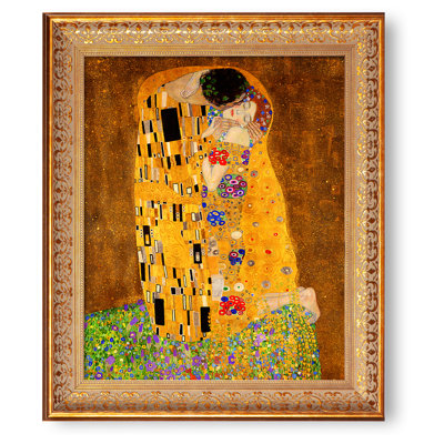 «The Kiss» par Gustav Klimt, format encadré: 24,5 po x 20,5 po, taille de l'image: 20 po x 16 po, cadre doré à motif rétro, reproductions d'art sur toile The World Classic, estampe numérique sur toile pour décoration intérieure