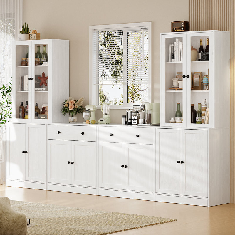 Grand garde-manger modulaire de 110,3 po avec bibliothèques, portes et tiroirs en verre à fermeture en douceur, grand système de rangement pour buffet, blanc