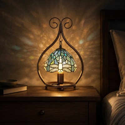 Lampe de table en verre coloré style Tiffany, lampe de bureau libellule bleue