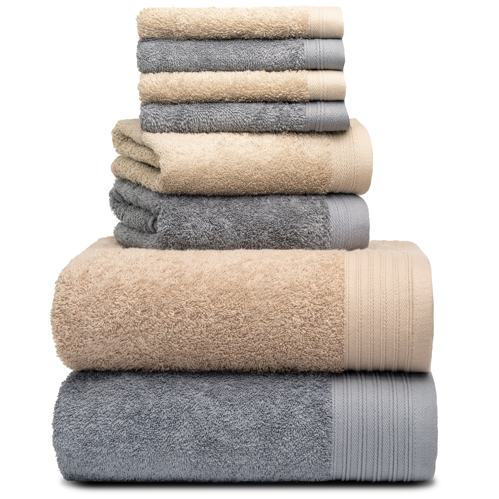 Doncia 8 Piece 100% Cotton Towel Set, Dark Gray/Sand