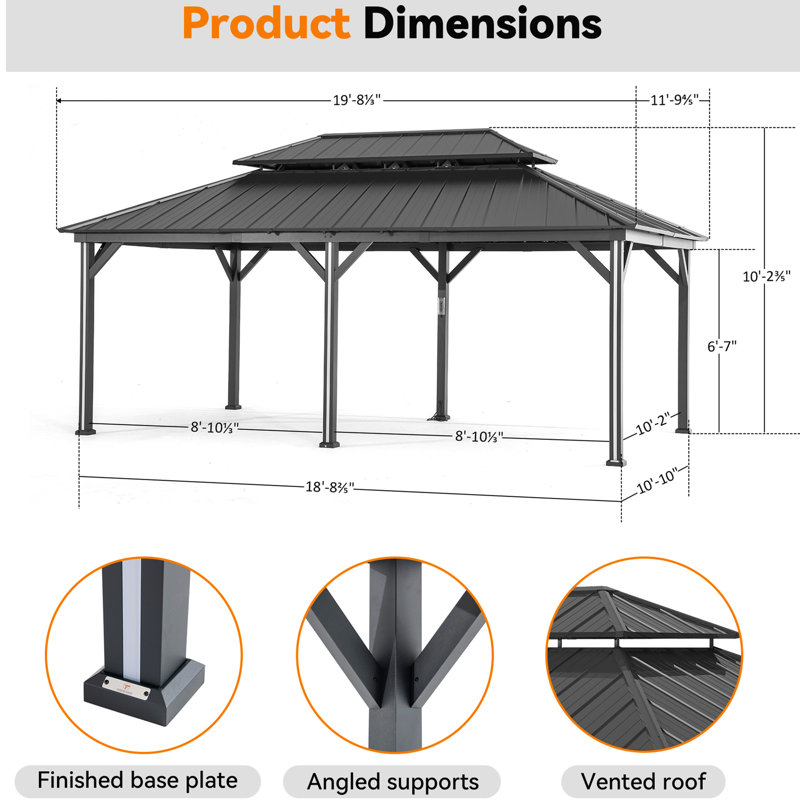 Stratford 12’ X 20’ Aluminum Galvanized Hard Top Gazebo,Double Roof With Curtain, Netting, LED Lighting And Charging Port