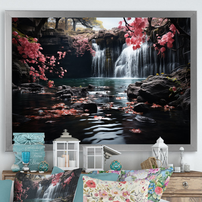 «Peach Tree Waterfall Natures Elegance II», reproduction sur toile, H 24 po x l 32 po x P 1 po, Cadre simple argenté