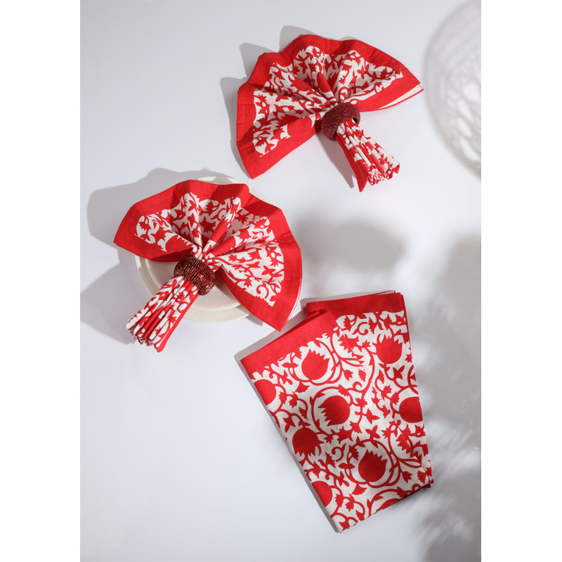 Crimson Bloom Block Print Cotton Napkins