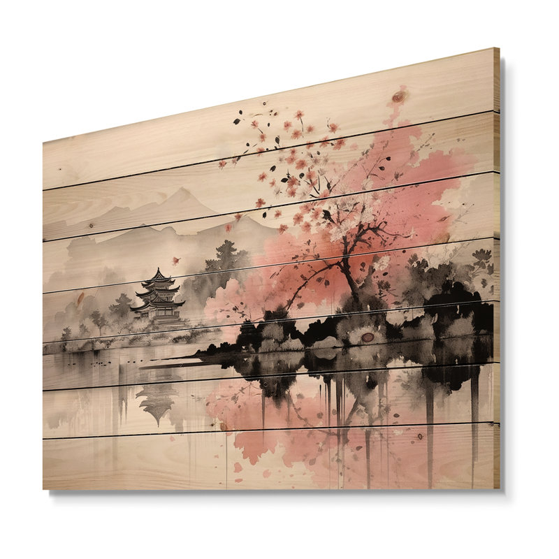 Art asiatique, lac Sumi III sur bois, H 24 po x l 32 po x P 0,78 po