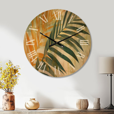 Tropical Palm Fronds I - Green Botanical Large Wall Clock, Printed on Wood